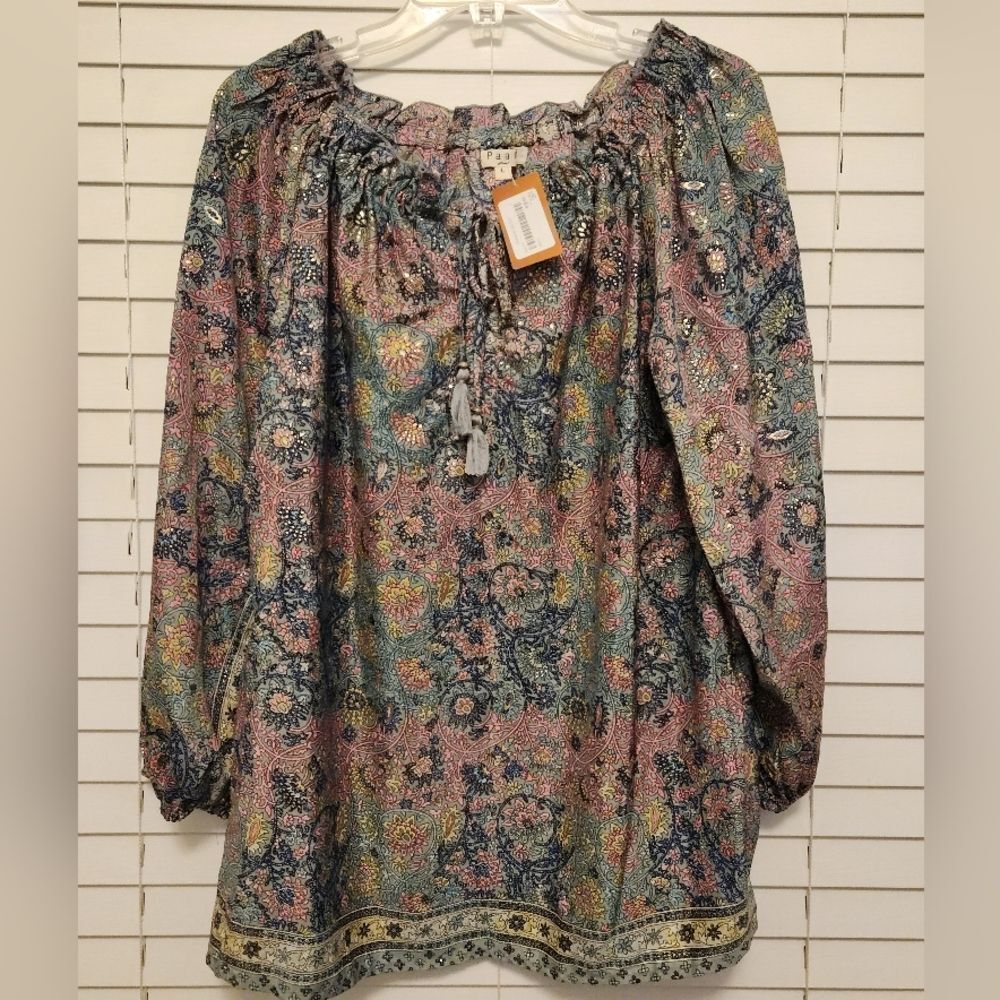 Cooper Penny Paani Floral Boho Blouse with Tassels Size Large NWT